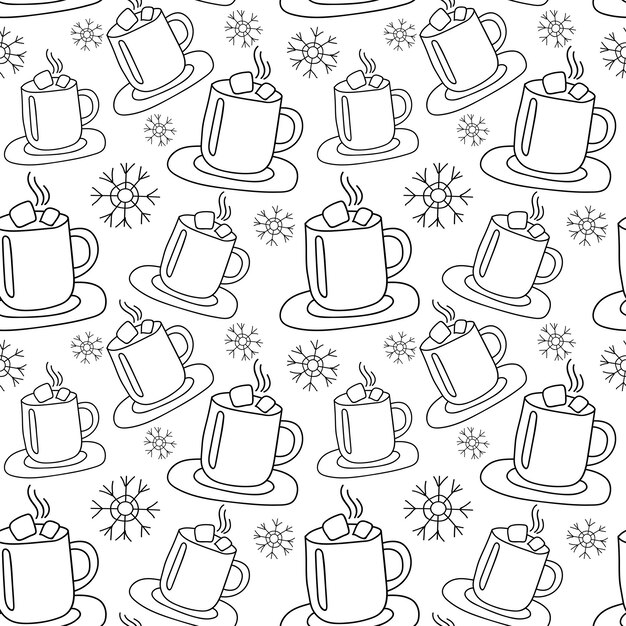 Seamless Pattern of Snowflakes and cup of Chocolate in doodle style Vector illustration