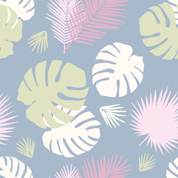 Seamless pattern soft blue with tropical leaves