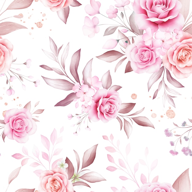 Seamless pattern of soft watercolor flowers arrangements and gold glitter on white background for fashion, print, textile, fabric, and card background