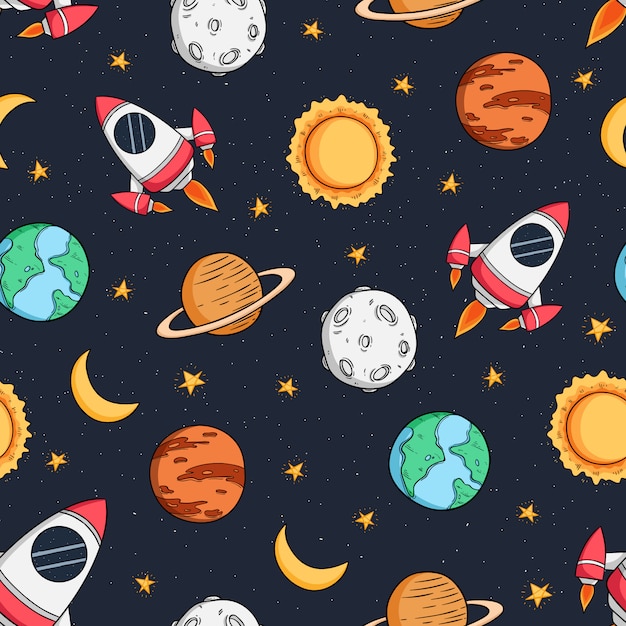 Seamless pattern of space rocket, planet and star with colored doodle style