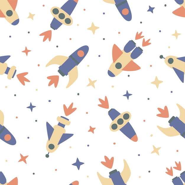 Seamless pattern of spaceships and stars on white background. Perfect for kids design, fabric, wrapping, wallpaper, textile, home decor.