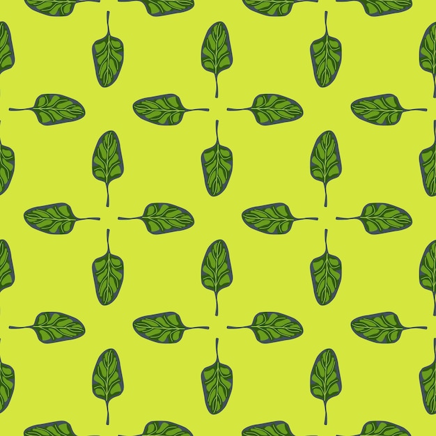 Seamless pattern Spinach salad on light green background. Minimalistic ornament with lettuce. Geometric plant template for fabric. Design vector illustration.