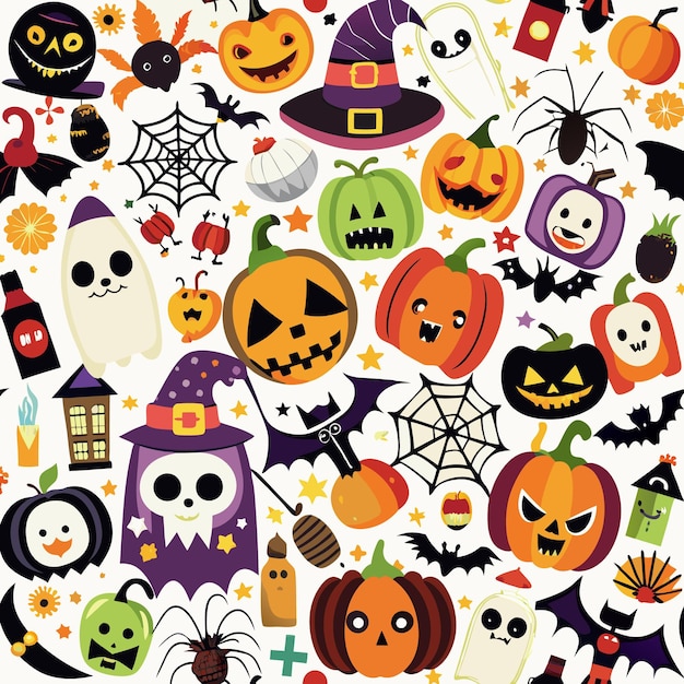 Vector a seamless pattern of spooky halloween characters and pumpkins