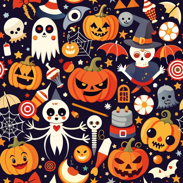 A seamless pattern of spooky Halloween characters and pumpkins