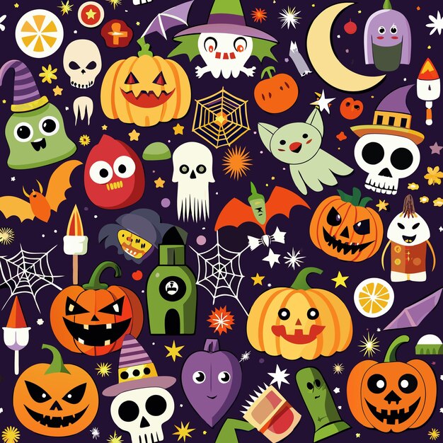 A seamless pattern of spooky Halloween characters and pumpkins