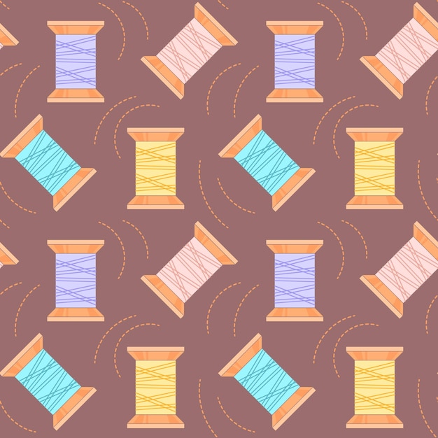 Vector seamless pattern spools of thread in different colors on a dark background print textile