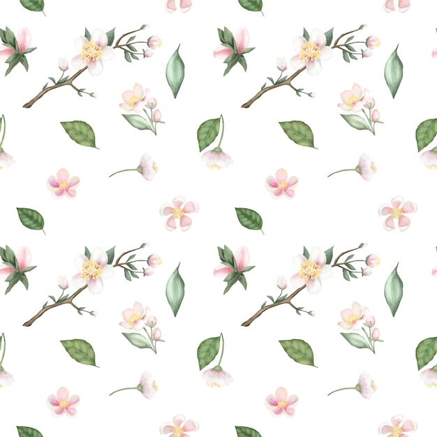 Seamless pattern of spring apple tree branches, flowers and leaves