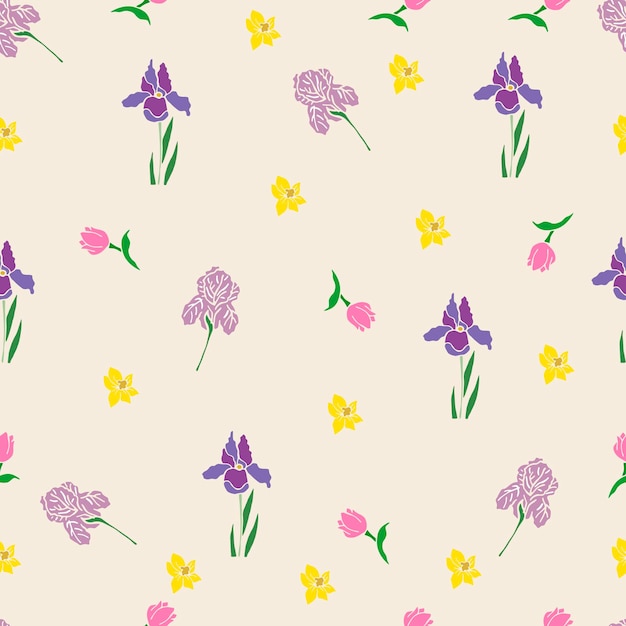 Seamless pattern spring flowers irises tulips daffodils