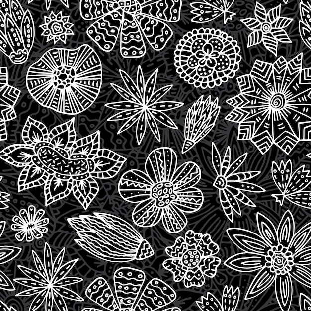 Seamless pattern of strange flowers in doodle style Silhouettes of flowers Isolated vector stock illustration EPS 10