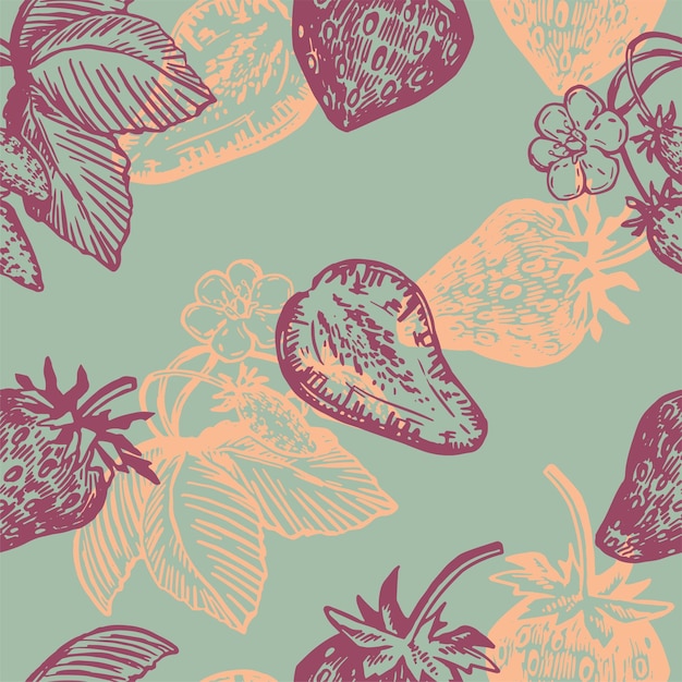 Seamless pattern of strawberry berries Summer fruit berry ornament Hand drawn vector illustration Retro engraving style design for decor wallpaper background