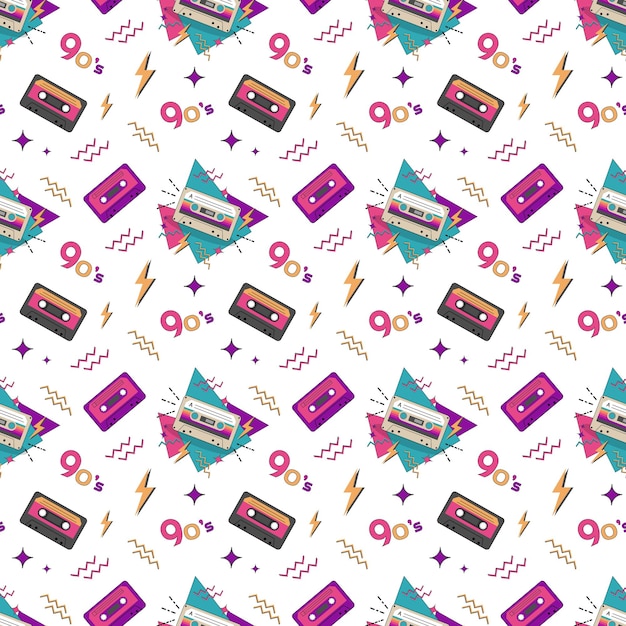 Vector seamless pattern in the style of the 90s with retro audio cassettes back in the 90s