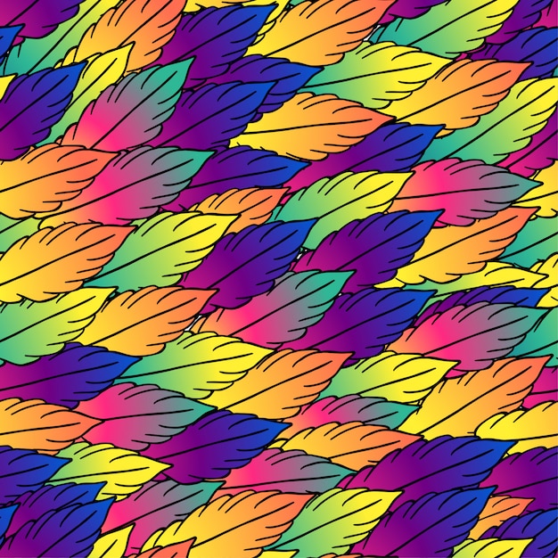 Seamless pattern stylized feathers in bright colors with black stroke