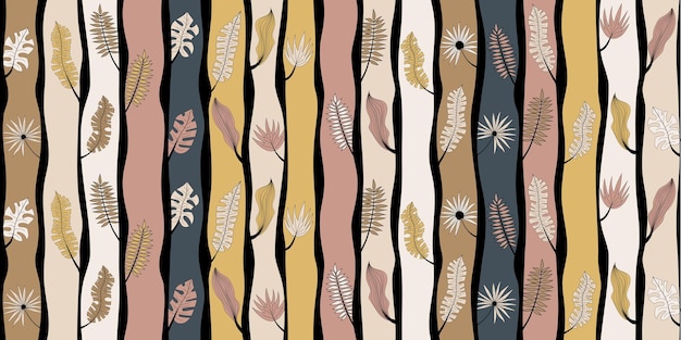 Seamless pattern stylized trees tropical leaves banner