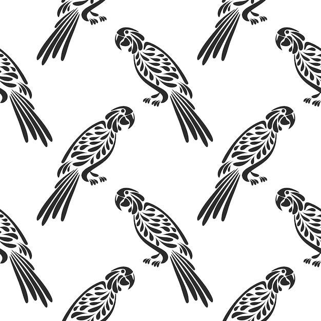 Seamless pattern stylized tropical birds parrots on a white background Black and white print