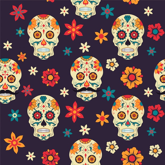 Seamless pattern sugar skull, flowers. Mexican Day of Dead. 