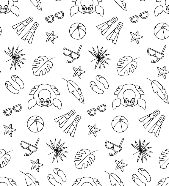 Seamless pattern of summer beach tropical elements in outline style white background.