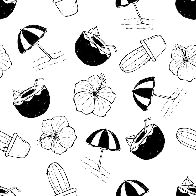 Seamless pattern of summer hand drawn elements with umbrella coconut drink hibiscus flower