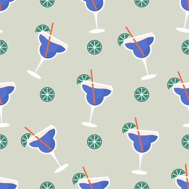 Seamless pattern summer tropic alcoholic cocktail with lime slices cocktail tubes on blue