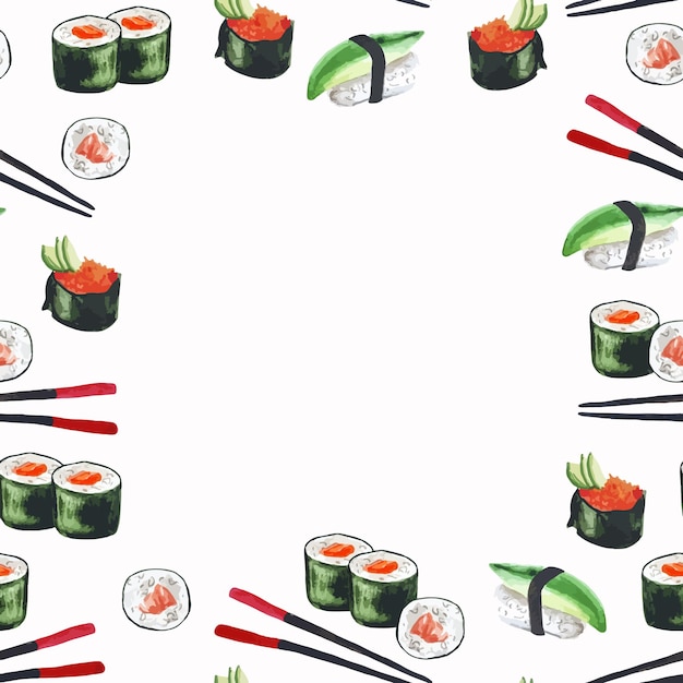 Seamless pattern sushi frame watercolor illustration for textile, fabric, decor hand drawn