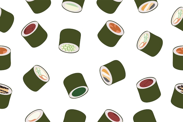 Seamless pattern of sushi rolls Vector design of Asian cuisine isolated on a white background