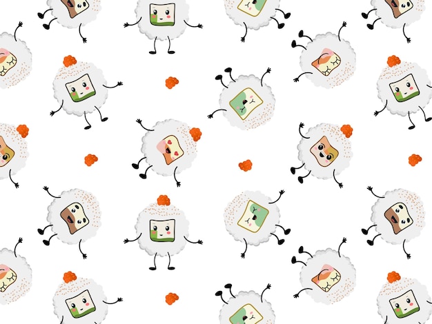 Seamless pattern of sushi rolls Vector design of Asian cuisine isolated on a white background