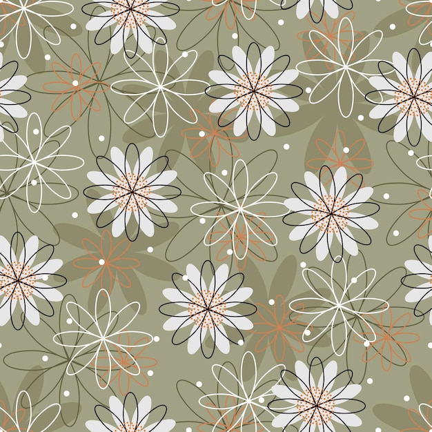 Seamless pattern symmetrical flowers on a green orange background can be used for cards bed linen