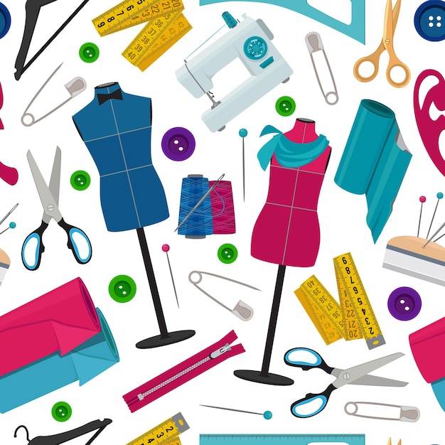 Seamless pattern for tailor shop with different sewing tools. Background needlework tools, thread and needle.