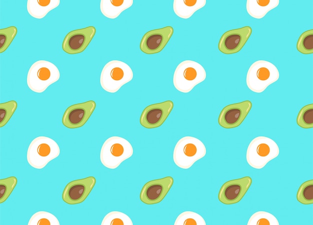  seamless pattern on teal background with avocado and fried egg as a template for packaging, textile and web elements. Healthy eating and lifestyle. Weighy loss diets, veganism, vegetarianism