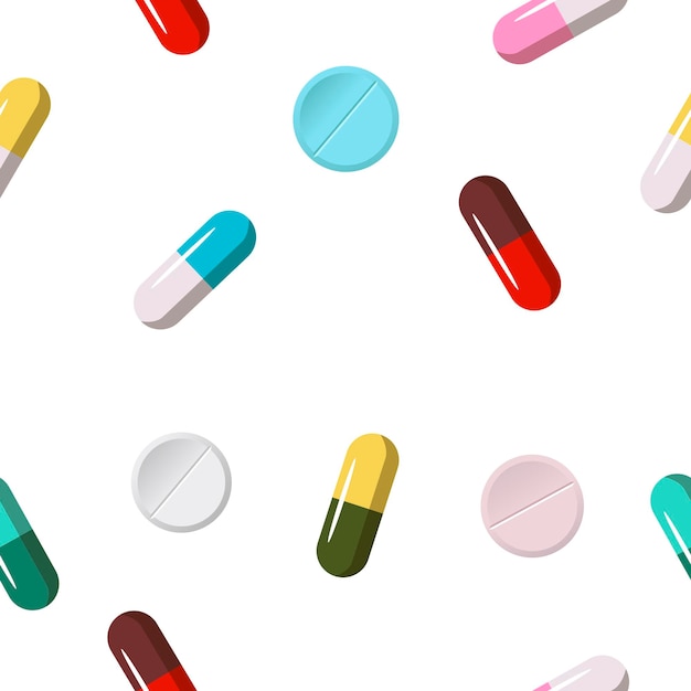 Seamless pattern texture of endless repetitive medicine tablets pills dragee capsules and medication