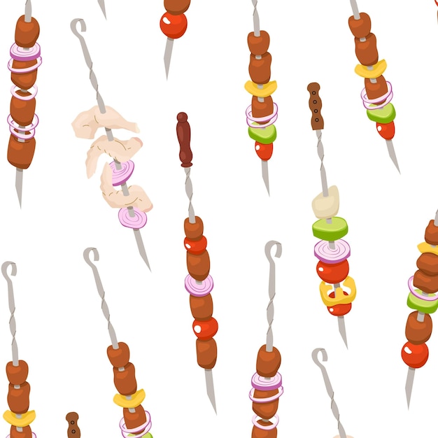 Vector seamless pattern on the theme of barbecue meat pieces with onions and vegetables cooked on skewers meat ornament for grocery store and farm vector illustration isolated on transparent background