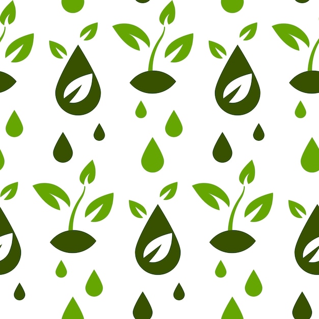 Seamless pattern on the theme of biodiesel fuel in green colors Plants drop drop with leaf on white