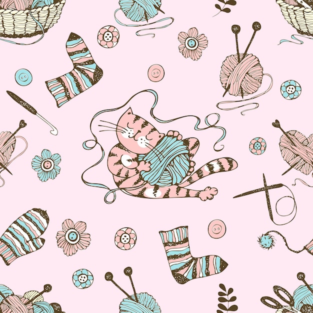 Seamless pattern on the theme of knitting with a basket and balls of yarn and a cute cat. Vector.