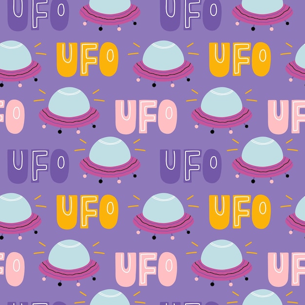 Seamless pattern on the theme of World UFO day Lettering and UFO illustration