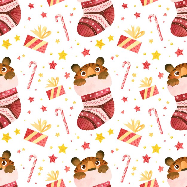 Seamless pattern  Tiger cub hiding in Christmas stocking Cute playful tiger cub character