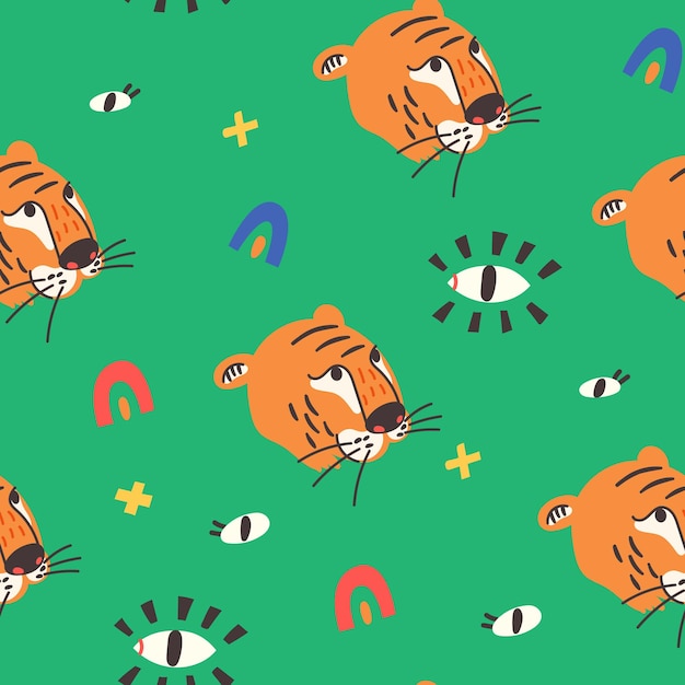 Seamless pattern tiger face eyes on green background. Wild Cat predator orange and black vector modern flat style background