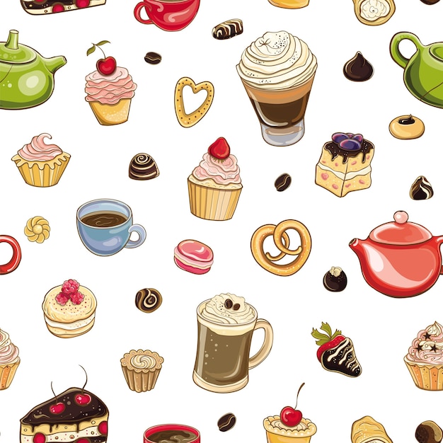 Seamless pattern - Time for sweet. Vector colorful, delicious background with cakes, pastries, cupcakes and donuts on white backdrop.