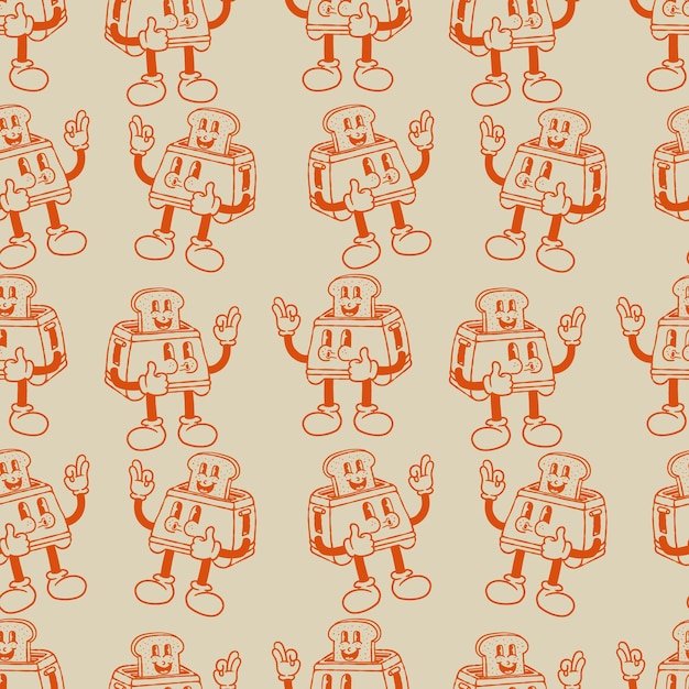 Seamless pattern of toaster and bread character cartoon in vintage style