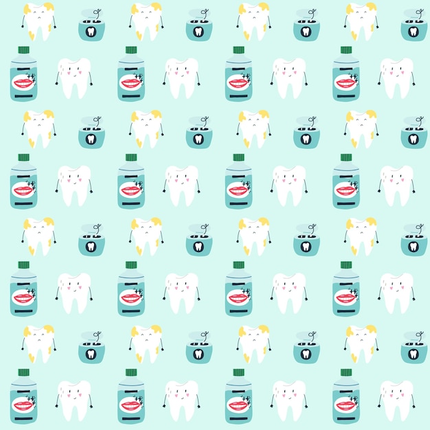 Seamless pattern tooth with cavities mouthwash floss