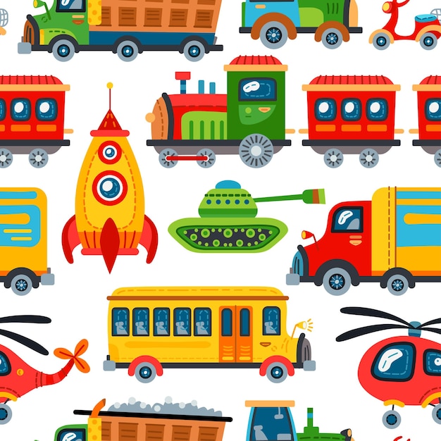 Seamless pattern toy transport background for baby boy. Cute children design 