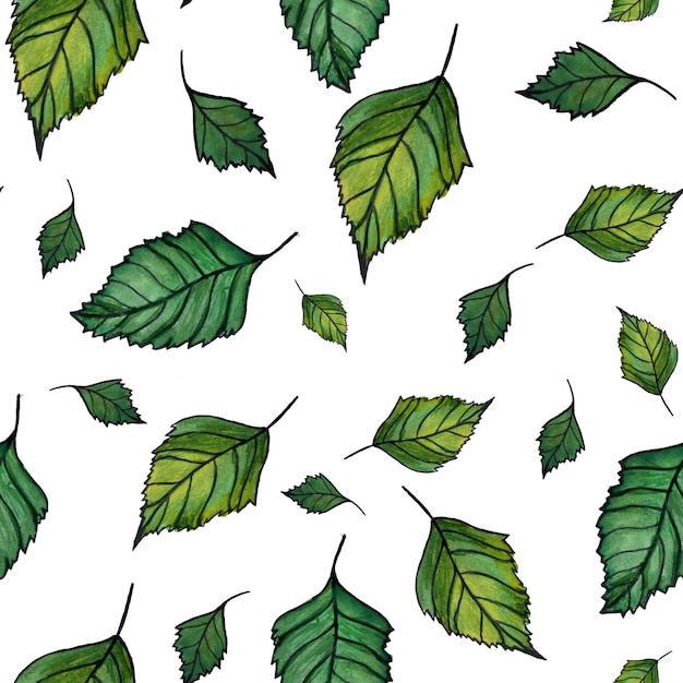 Seamless pattern of tree leaves painted in watercolor foliage of natural branches