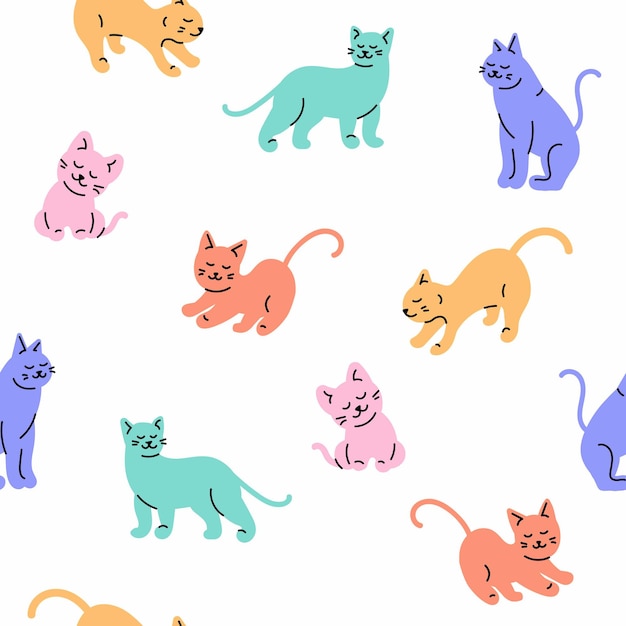 Seamless Pattern of trendy Cartoon Cat Design on white Background