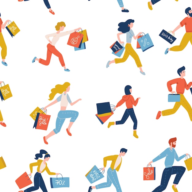 Seamless pattern of trendy running men and womwn carrying shopping bags. Black friday sale concept