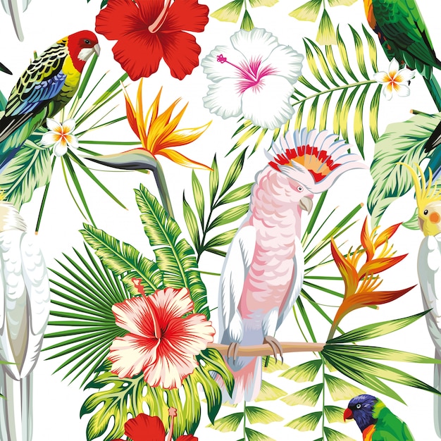 Seamless pattern tropic exotic multicolor birds parrot, macaw with tropical plants, banana palm leaves, flowers Strelitzia, hibiscus