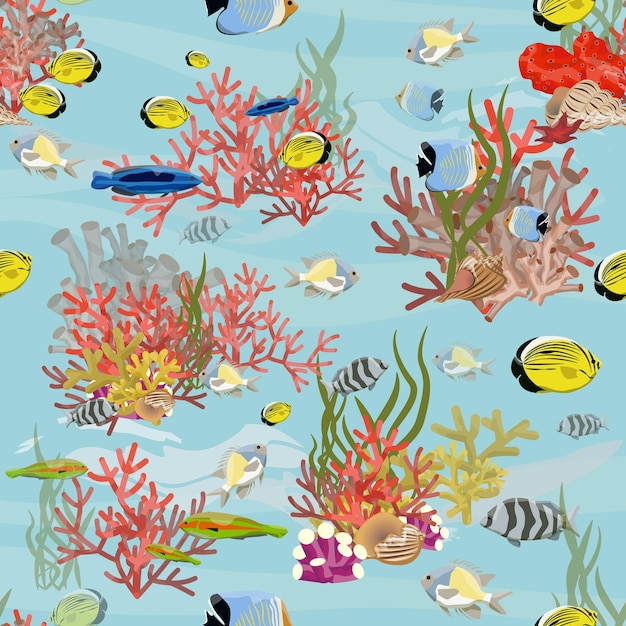 Seamless pattern Tropical fish corals algae and starfish Realistic Vector illustration