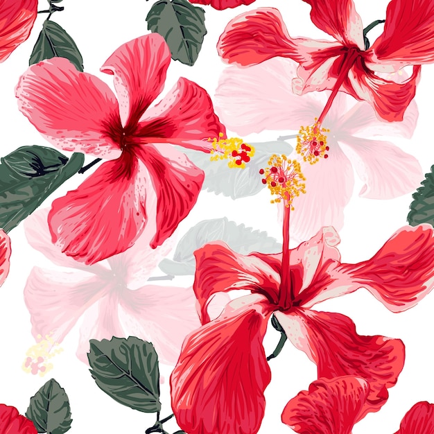 Seamless pattern tropical floral with red Hibiscus flowers abstract background