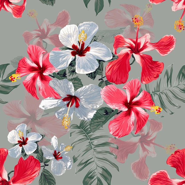 Seamless pattern tropical floral with red and white Hibiscus flowers abstract background