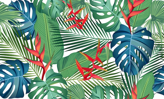 Seamless pattern tropical leaves with flower