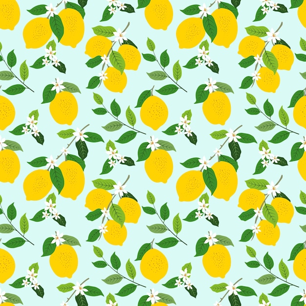 Seamless pattern of tropical limes or lemons fruits with leaves and flowers