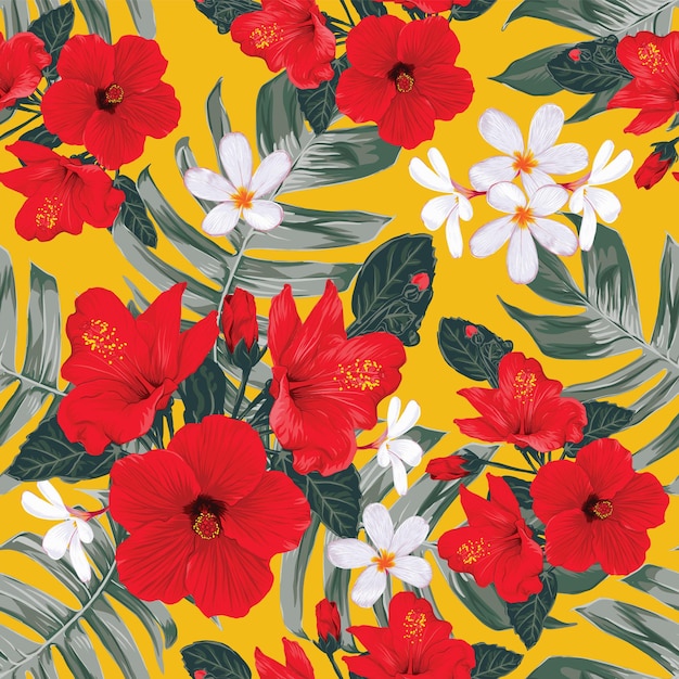 Seamless pattern tropical nature   with hand draw floral Hibiscus flowers