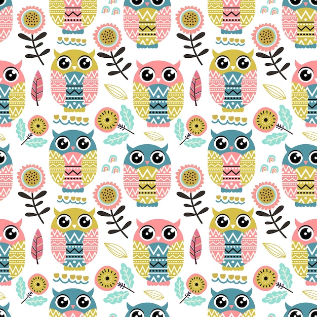 Seamless pattern tropical summer with cute owl